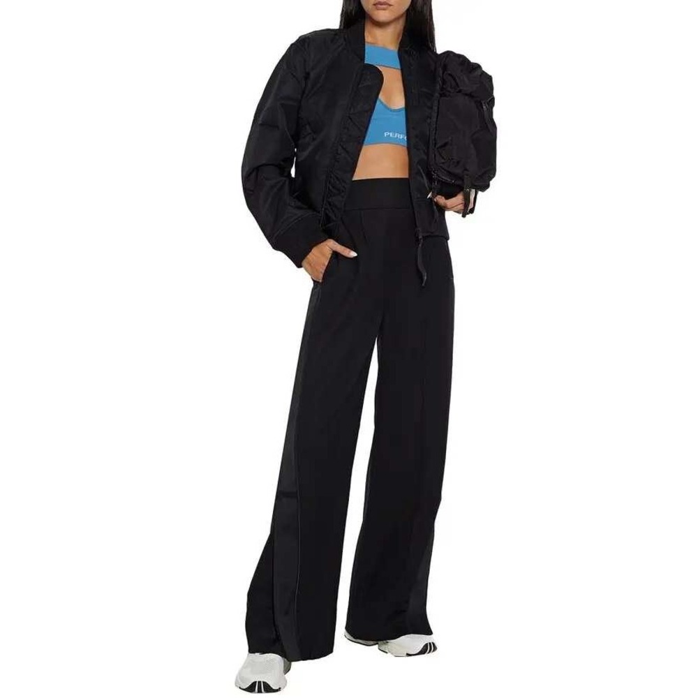 Reebok Victoria Beckham Pants Women Small Black Wool Snap Side Satin Wide Leg